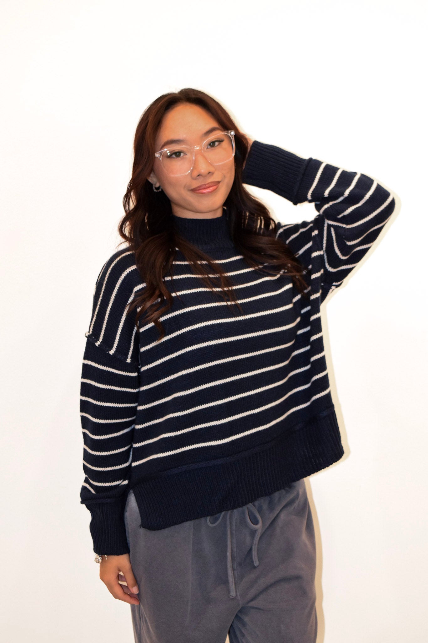 New: Stripe Mock Neck Knit Sweater