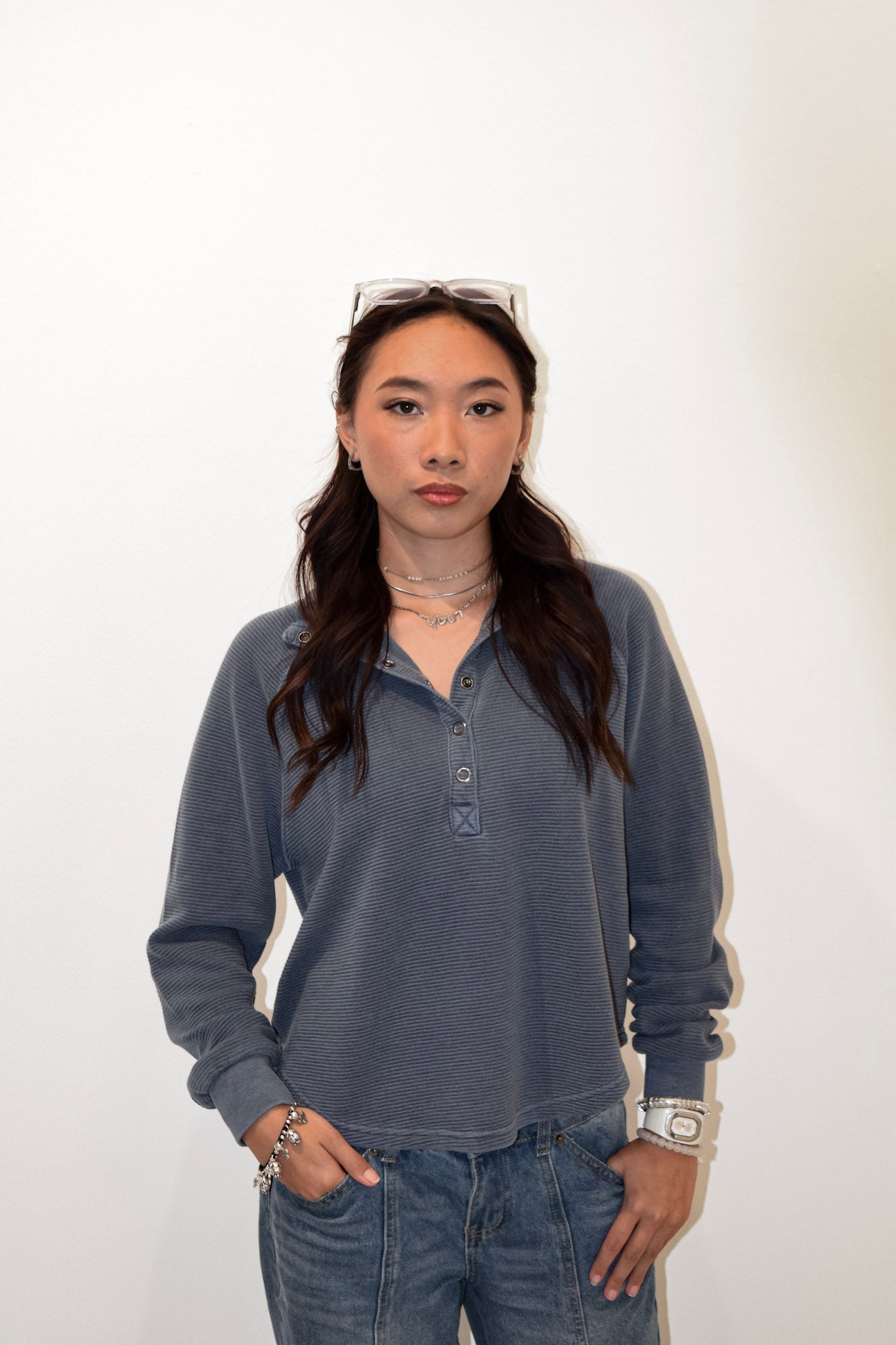 Mock Neck Half Button Long Sleeve Top