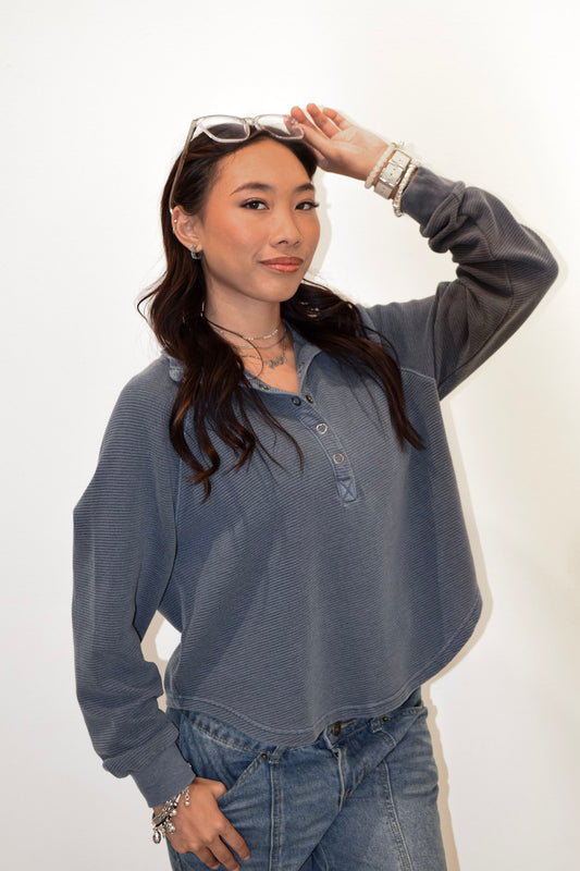 Mock Neck Half Button Long Sleeve Top