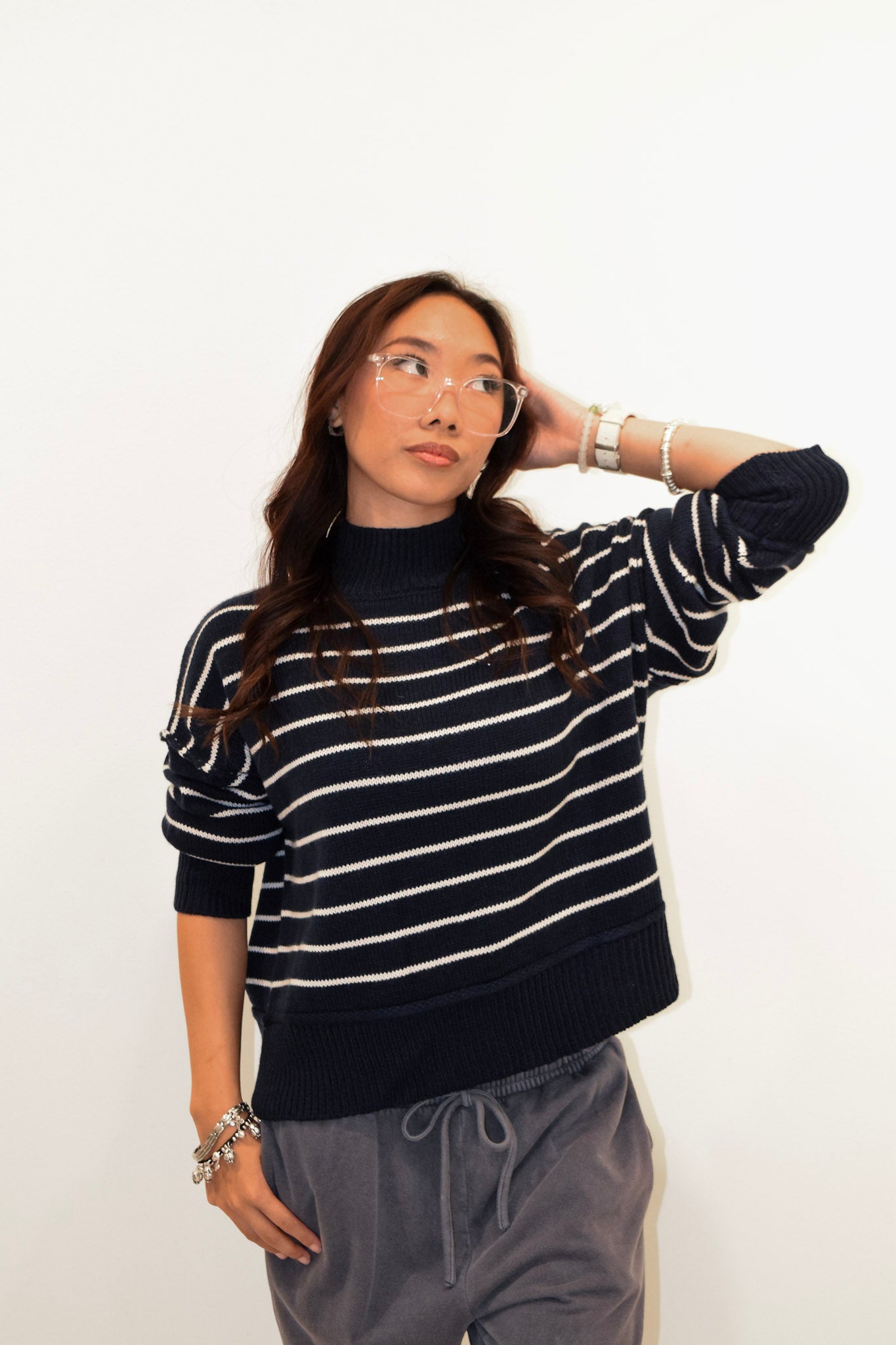 New: Stripe Mock Neck Knit Sweater