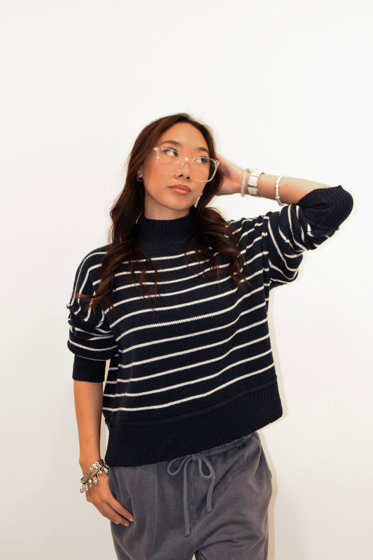 New: Stripe Mock Neck Knit Sweater